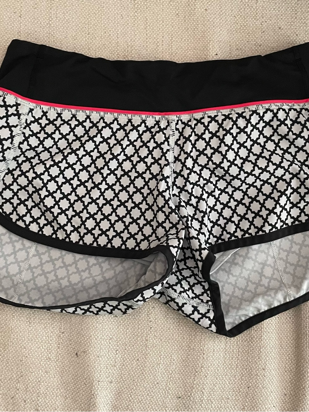 lululemon athletica Black & White Geometric Running Shorts with Pink Trim